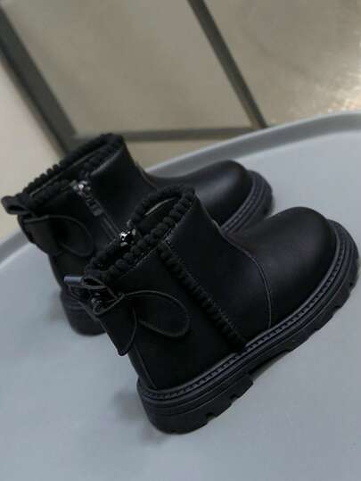 Autumn/Winter New Soft Leather Children's Ankle Boots, Bow Design, Anti-Slip Side Zipper, Versatile Little Girls Short Boots