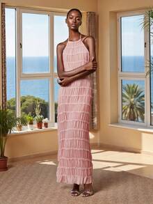 Women's Ruched Bodycon Long Dress Sleeveless Backless Solid Color Dress Cocktail Party Dress - Pink - View 5