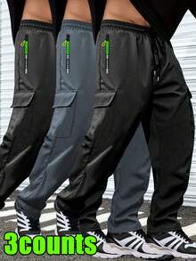 3pcs Men's Thin Cargo Pants With Drawstring Elastic Waist, Zipper Pockets, Comfortable Breathable Suitable For Outdoor Casual Wear, NEON Highlight Sports - Multicolor - View 3
