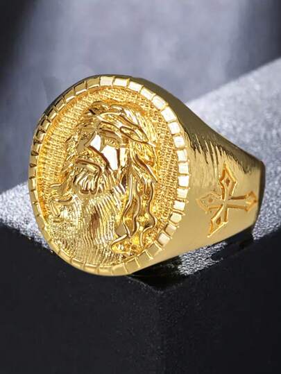 [Anillo Greppn Jesus] Greppen 1 pieza Anillo de cabeza de Jesús de cobre Diseño religioso intrincado, joyería de acabado dorado pulido duradero para hombres, uso casual y Formal, regalo cristiano para vacaciones, fiestas, ropa de calle, joyas religiosas, accesorio de moda callejera, diseño intricado, acabado de alta calidad