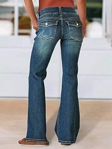Women's High Waist Flared Jeans, Showcasing Decorative Silver - Buttoned Pockets, Contrast Stitching, Faded Wash, Double - Button Front, And A Retro Flared Silhouette For Distinctive Style
