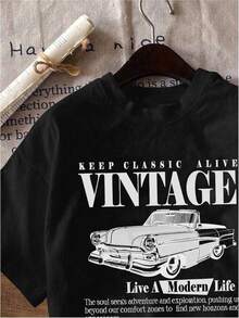 Artsadd Vintage Car Graphic Womans Tshirts, Oversize Casual Tees, Short Sleeve Loose Shirts - 黑色 - 查看 2
