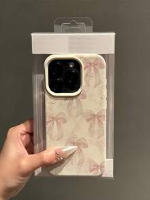 Bow-Knot 1pc White Leather Texture Minimalist Pink Bow Design Phone Case, Compatible With Iphone 16 Pro Max, 15/14 Plus, 13, 12, 11 Protective Cover Waterproof Shockproof Anti-Fall Scratch Resistant - Multicolor - View 4