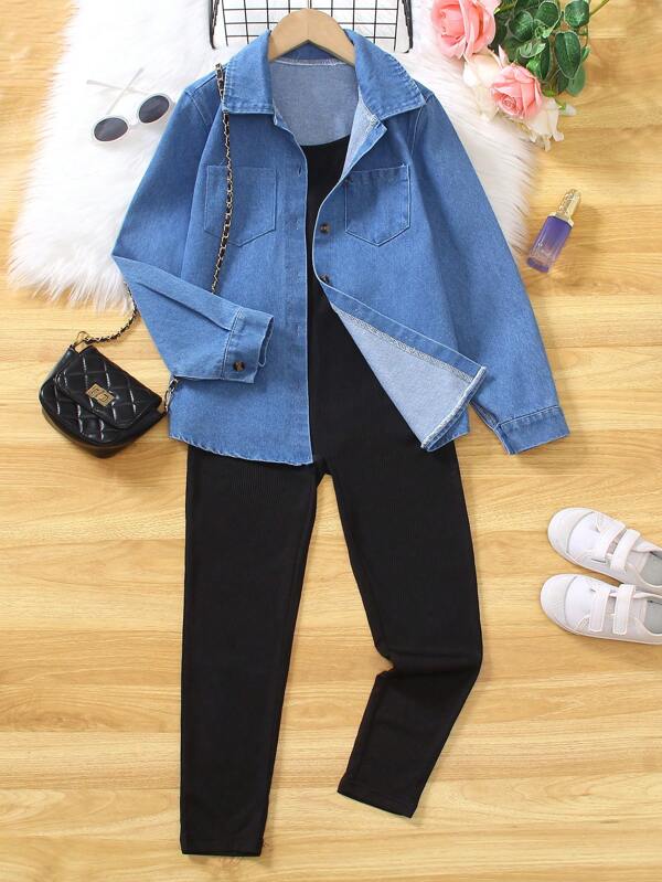 2-Piece Tween GirlsOutfit Set: Fashionable Casual Blue Denim Long Sleeve Jacket And Solid Color Sleeveless Maxi Jumpsuit, 2025 New Arrival