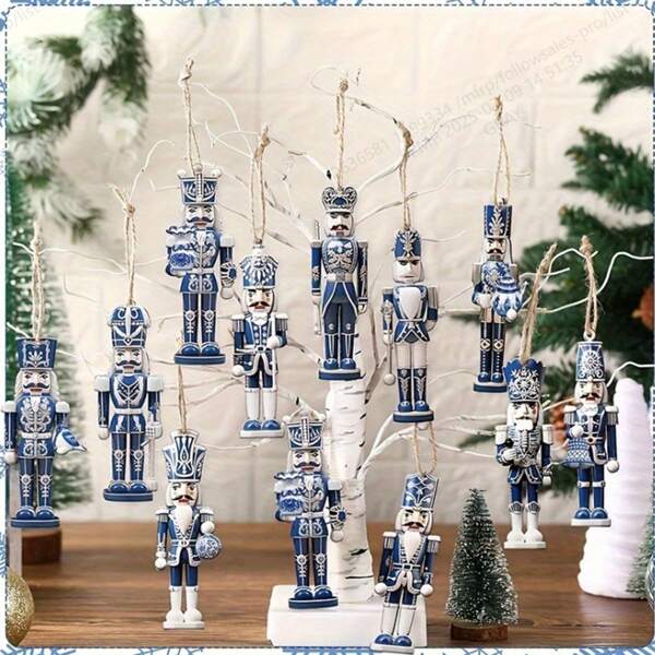 Set de 6 piezas/12 piezas/24 piezas de adornos de pinza de nuez de porcelana azul y blanca clásica, adornos de árbol de Navidad de madera sencillos, decoraciones navideñas multifuncionales, adecuados para salas de estar, dormitorios y uso en múltiples habitaciones - Los materiales de madera son muy adecuados para la decoración de Navidad, Halloween, Acción de Gracias, otoño