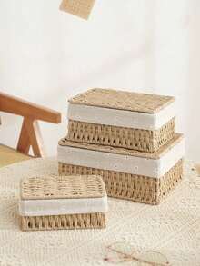 3pcs/2pcs/1pc Woven Storage Basket With Lid, Suitable For Storing Cosmetics, Keys, Snacks, Applicable For Living Room, Hallway, Home Decor, Craft Box, Wedding Gift Basket, Suitable For Back To School Season - Apricot - View 10