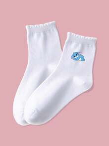 5 Pairs Children's Socks, Spring/Summer, Solid Color Lace Trim Socks, Cute Blue Rabbit & Tao Tao Pattern, Simple Fashion Versatile, Skin-Friendly Soft Breathable Casual Sports Socks, Suitable For Daily Wear, Gifts, Travel, Back To School, Campus, Sports, New Semester, Students, Back To School Season - Multicolor - View 4