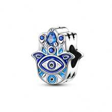 1 Stück Silberfarbener, exquisiter blauer Emaille-Zirkonia, glücklicher Fatima Hamsa Hand, Palme, böser Blick, religiöser Schutzanhänger, passend für original Armband, Halskette, Anhänger, Perlen für DIY Schmuckherstellung, Frauen, Mädchen, Geburtstagsschmuck, Geschenk für Freunde