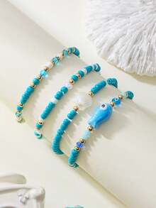 4 件套可爱卡通贝壳和鱼装饰弹性手链套装，适合女性日常、沙滩、购物装