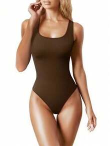 Body Modelador Feminino Camiseta Regata Collant Cavado Suplex Sexy,Macacão Body Feminino Decote Quadrado Alça Grossa - Café - Visão 3