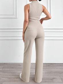 Pantaloni casual pentru femei, cu imprimeu texturat, elastici, tricotați cu nervuri, cu picior drept, cu detaliu despicat