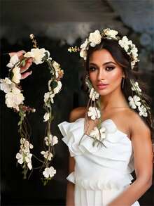 1pc Women Elegant White Vine Floral Crown, High Crown Pressure Headband, Braided Hair Accessory, Suitable For Wedding, Bride, Beach Vacation, Daily Outfit Ornament, Boho Style Decorative Hair Hoop, Hair Accessories ,Hairband For Women