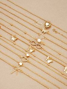 11pcs/12pcs Set Elegant Vintage Minimalist Star, Moon, Golden Heart, Bowknot Necklaces For Women, Suitable For Holidays, Parties, Dates, Daily Wear, And As Gifts - 金黃色 - 查看 6