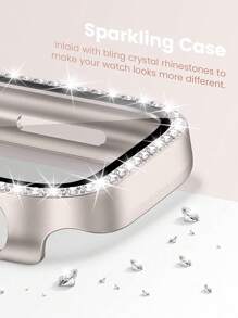 2pcs/Set Fashionable Glamorous Rhinestone Decor Smart Watch Case For Men Women 2 In 1 Ultra-Thin Tempered Glass Screen Protector Cover, For Apple Watch 38/40/41/42/44/45/46/49mm, For Apple Watch Series Ultra/SE/11/10/9/8/7/6/5/4/3/2/1, Starlight Color+Pink