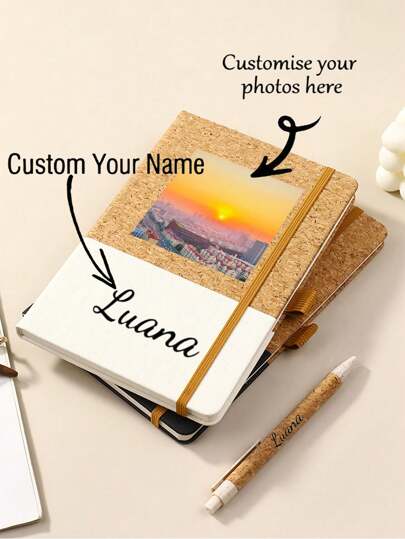 1pc Customized Name & Photo Business Notebook, Creative Cork & Wheat Straw Patchwork Notepad, Simple Office Supplies, Great Gift For Teachers, Students