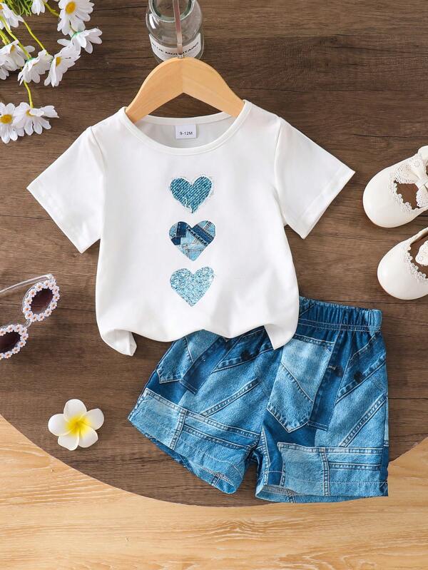 Set de 2 piezas para niñas bebé de camiseta de manga corta blanca con estampado de corazón y pantalones cortos de mezclilla estampados, para verano