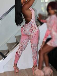 Leopard Print V-Neck Solid Color Bodycon Jumpsuit, Slim Fit Pink Summer Elegant - Pink - View 2