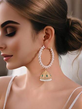 Fashionable & Exquisite Faux Pearls Wrapped Hoops Earrings, Colorful Rhinestone Decorated Tassel Charm Earrings, Bollywood Style India Jewelry Suitable For Women's Daily, Festival, Wedding, Party Wear, Jewelry Gift