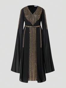 Faeriesty Kurvenreiches, elegantes Maxikleid mit V-Ausschnitt und extra langen Ärmeln für Damen in Große Größen mit aufwendiger Stickerei: Perfekt für große Hochzeiten, hochkarätige Geschäftsgalas, Abendempfänge, renommierte Wohltätigkeitsveranstaltungen und diplomatische Empfänge