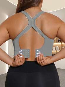 Plus Size Seamless Cross Back Sports Bra For Workout Shockproof Push Up Bra Padded High Support Workout - Light Grey - View 4