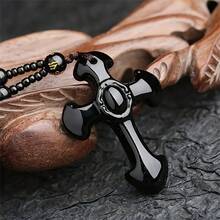 1pc Natural Obsidian Necklace Cross Lucky Amulet Protection Pendant With Bead Chain Black Crystal Talisman Jewelry Gift For Men Women - Black - View 5