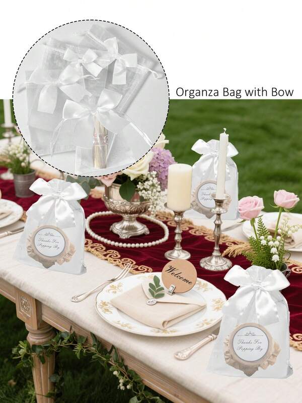12pcs Organza Gift Bag With White Bow Decor, Transparent Gift Wrapping Bags, Cute Bow Candy Bag, 3 Size Party & Wedding Favor Bags, Suitable For Birthdays, Weddings, Bridal Shower, Baby Showers & Graduation, Gift Decoration Supplies
