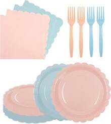 75Pcs Pink Blue Paper Plates And Napkins,25 Guest Pink And Blue Scalloped Paper Tableware Forks Disposable Dinnerwaret Kit For Baby Shower Bridal Wedding Birthday Party New Year Decorations,9010107