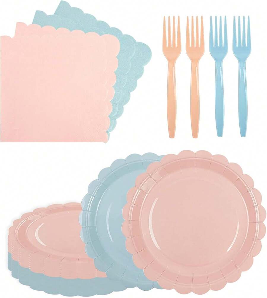 75Pcs Pink Blue Paper Plates And Napkins,25 Guest Pink And Blue Scalloped Paper Tableware Forks Disposable Dinnerwaret Kit For Baby Shower Bridal Wedding Birthday Party New Year Decorations,9010107