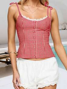 Women Plaid Camisole Slim Lace Trim Scoop Neck Tie-Up Spaghetti Strap Crop Shirts  Summer Streetwear - 紅色 - 查看 3