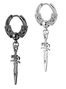 Fashionable & Stylish Collection: Black Personalized Hiphop Earrings, Long Earrings, Stainless Steel Vintage Dragon Pattern Sword Pendant Earrings & Ear Clips - Silver - View 5