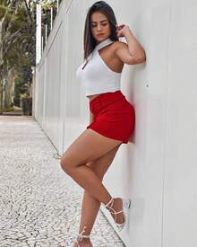 Women's Short Skirt With Lined Belt, Side Slit, High Waist, Short Crepe Knit - Đỏ - Xem 6