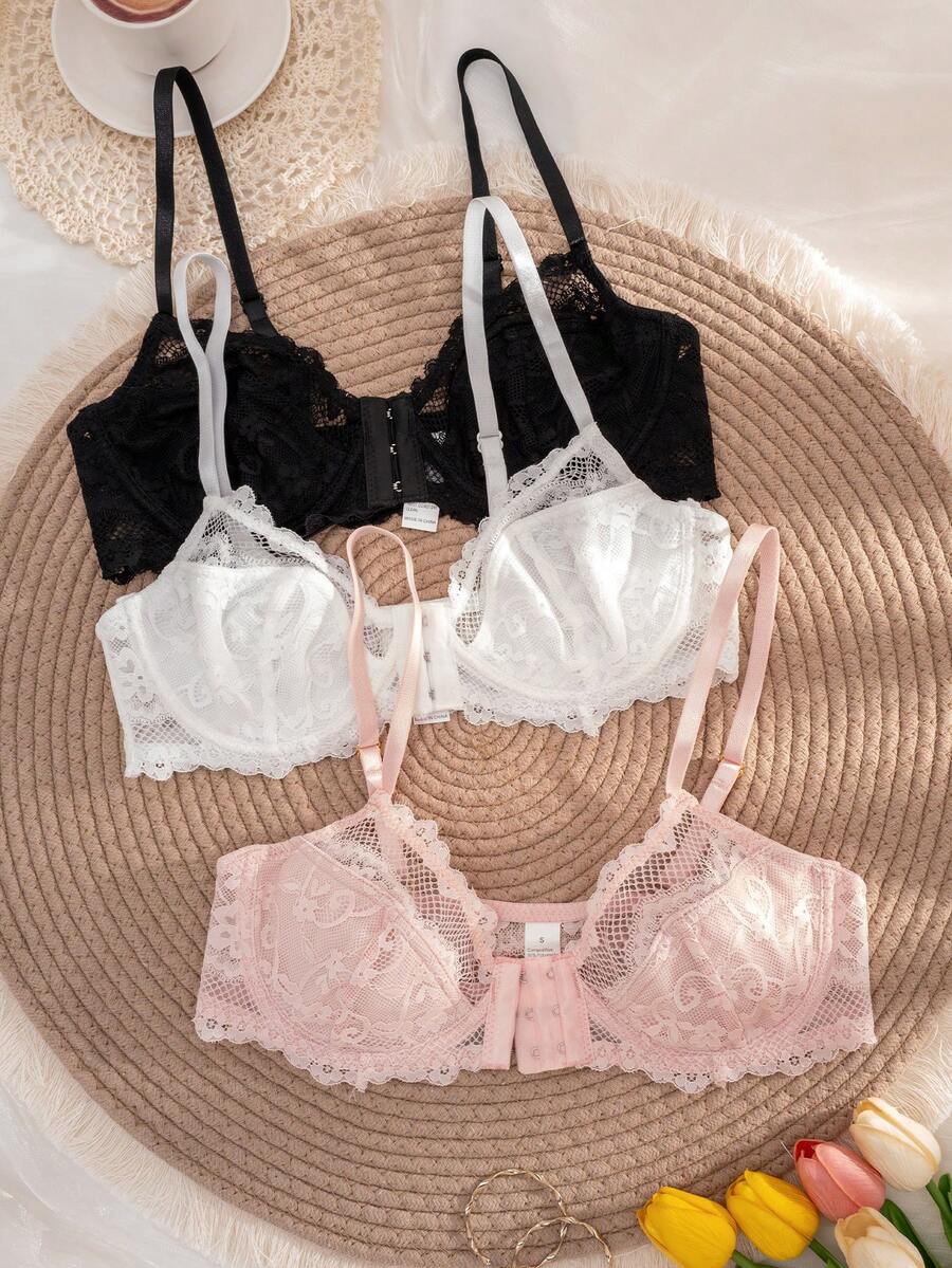 Set de 3 bucăți de lenjerie intimă confortabilă cu închidere frontală din dantelă pentru femei