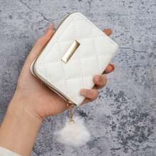 Short Wallet, Minimalist Fashion Coin Purse, Quilted Student Card Holder, Plush Ball Bag - Multicolor - View 10