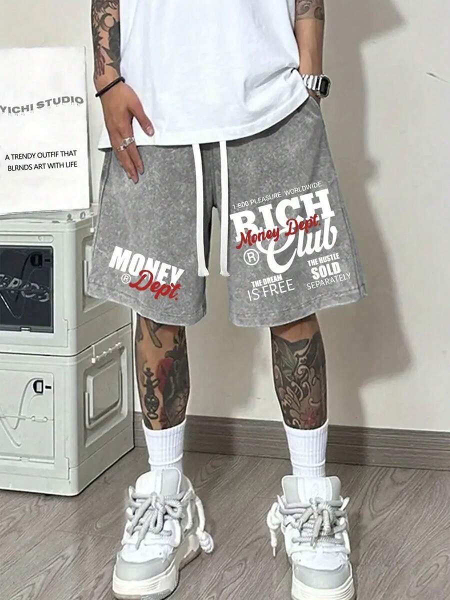 290g Washed Shorts, Double-Sided Printed With Money Aesthetics, Summer Men's Retro Washed Casual Street Sports Shorts, Comfortable And Breathable, Suitable For Daily Wear, Adjustable Drawstring Waist Circumference, Elastic Waistband And Pocket - Xám - Xem 1