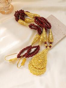 Herseygold 1pc Fashionable Beaded Necklace Pendant, Gold-Plated Jewelry, Algerian Wedding Bridal Long Necklace For Women - Gold - View 2