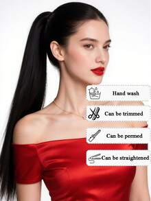 马尾辫接发，带发圈，长度18~32英寸，合成直发，可DIY编织，适合女性、女孩日常、派对、角色扮演等场合。 - 黑棕色 - 查看 3