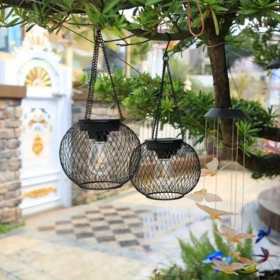 GHUSTAR 2 Solar-Powered Cast Iron Lantern Retro Pendant Lights, IP55 Waterproof Garden Lights, Perfect For Courtyard, Garden, And Patio Ambient Decorative Lighting