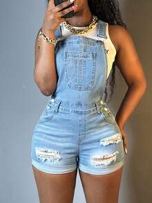 Women Ripped Solid Color Slim-Fit Light Blue Jeans Rompers Casual Buttons Trim Denim Overall Pockets Sleeveless Summer Clothing - Rửa nhẹ - Xem 1