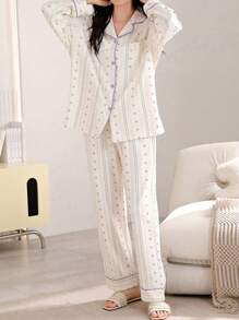 AICJ 2 件套棉质休闲宽松条纹印花长袖上衣和裤子睡衣套装，适合春秋冬季保暖秋季衣服 - 白色 - 查看 7