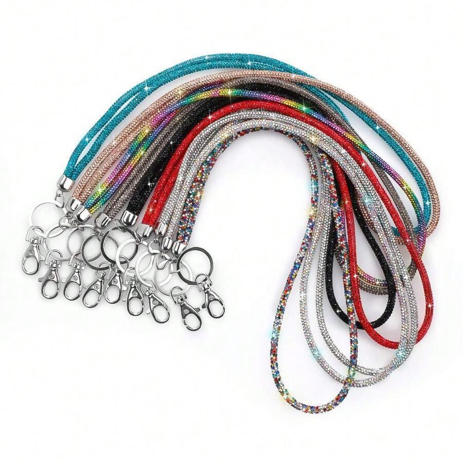 1 pieza Cordón multicolor con cristales de rhinestone - Correa de nylon con broche metálico, elegante y brillante llavero para identificación y teléfono, adecuado para oficina, maestro, estudiante (7 colores: Mezclado/Gris/Rosa/Azul/Negro)