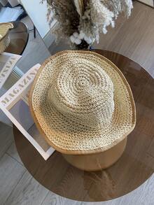 1 pieza Sombrero de paja tejido a mano para mujer, sombrero plegable ligero hecho a mano con protección solar, adecuado para playa, vacaciones, estilo campestre, regalo de verano