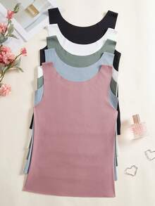 5件装女士春夏无缝凉感吊带背心，无袖圆领宽肩带，时尚外套，舒适休闲打底衫/背心 - 彩色 - 查看 3