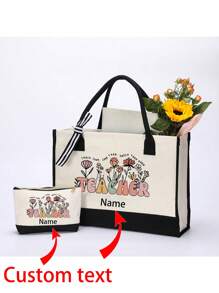 Customizable Teacher Handbag For Teachers And Classmates During Back-To-School Season, Durable Nylon Foldable Large Capacity Women's Handbag With Tassel Handle, Perfect Gift For Teachers' Day, Thanksgiving, Work, Travel And Beach Use, Educational Themed Design, Sturdy Load-Bearing Handle