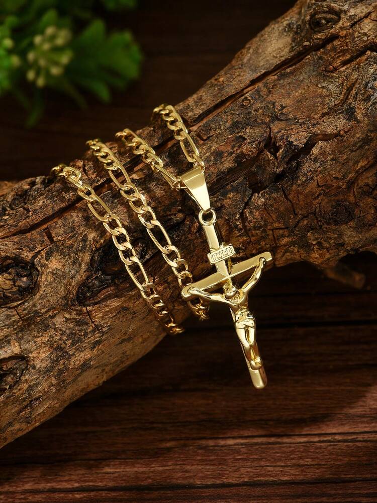 1 件男士时尚简约精致耶稣十字架项链，复古，适合日常信仰展示、活动和休闲装 - 金黃色 - 查看 4