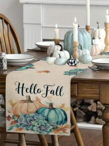 1pc/10pcs Autumn Pumpkin Table Runner, Thanksgiving Table Runner, Harvest Festival Decor, Farmhouse Style, Linen-Like Material, 33*91CM/33*183CM/33*274CM, Indoor Outdoor Party Decoration, Pumpkin Theme Decor, Home Kitchen Dining Room Decoration