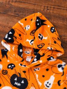 Young Boy Casual Flannel Long Sleeve Hooded Fleece Sweatshirt With Halloween Pumpkin Print, Suitable For Spring, Autumn And Winter - Orange - View 3