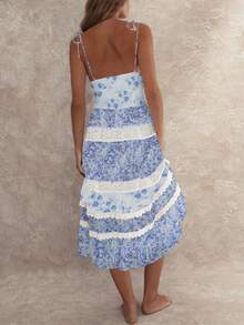 Women Tie Shoulder Boho Floral Maxi Dress Y2k Smocked Flowy Lace Sundress Y2k Spaghetti Strap Sleeveless Summer Long Beach Dress - 藍色 - 查看 3