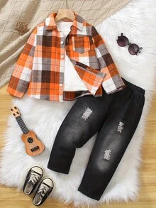 2pcs Young Boy Casual Grid Printed Shirt & Streetwear Black Denim Pants Set, Autumn - Multicolor - View 1