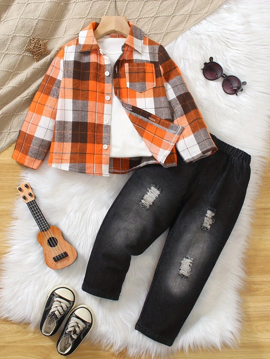 2pcs Young Boy Casual Grid Printed Shirt & Streetwear Black Denim Pants Set, Autumn - Multicolor - View 1