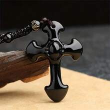 1pc Natural Obsidian Necklace Cross Lucky Amulet Protection Pendant With Bead Chain Black Crystal Talisman Jewelry Gift For Men Women - Black - View 9